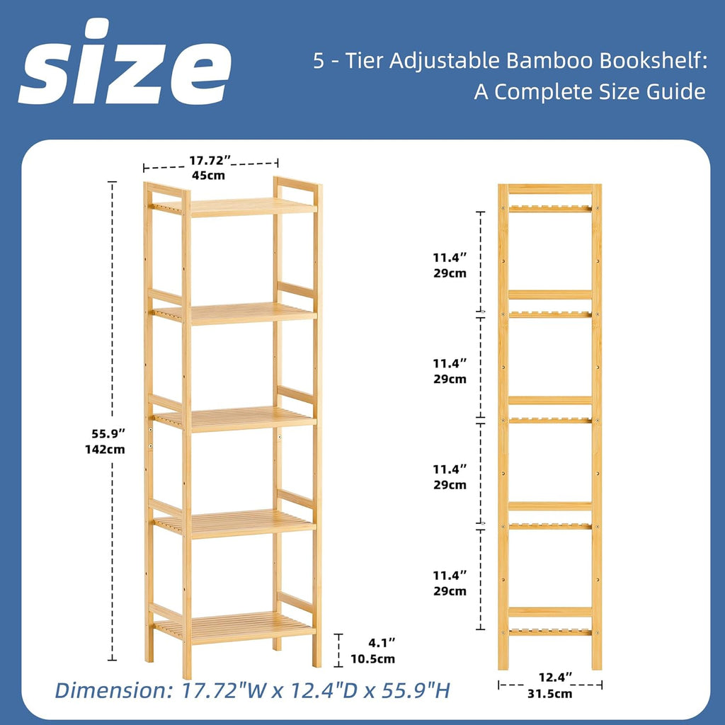 HITNET Tall Narrow Bookshelf, 5 Tier Bathroom Shelf Bamboo, Floor Standing Display Storage Organizer for Small Space, Adjustable Shelves, Natural Wood Bookcase