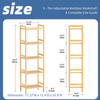 HITNET Tall Narrow Bookshelf, 5 Tier Bathroom Shelf Bamboo, Floor Standing Display Storage Organizer for Small Space, Adjustable Shelves, Natural Wood Bookcase