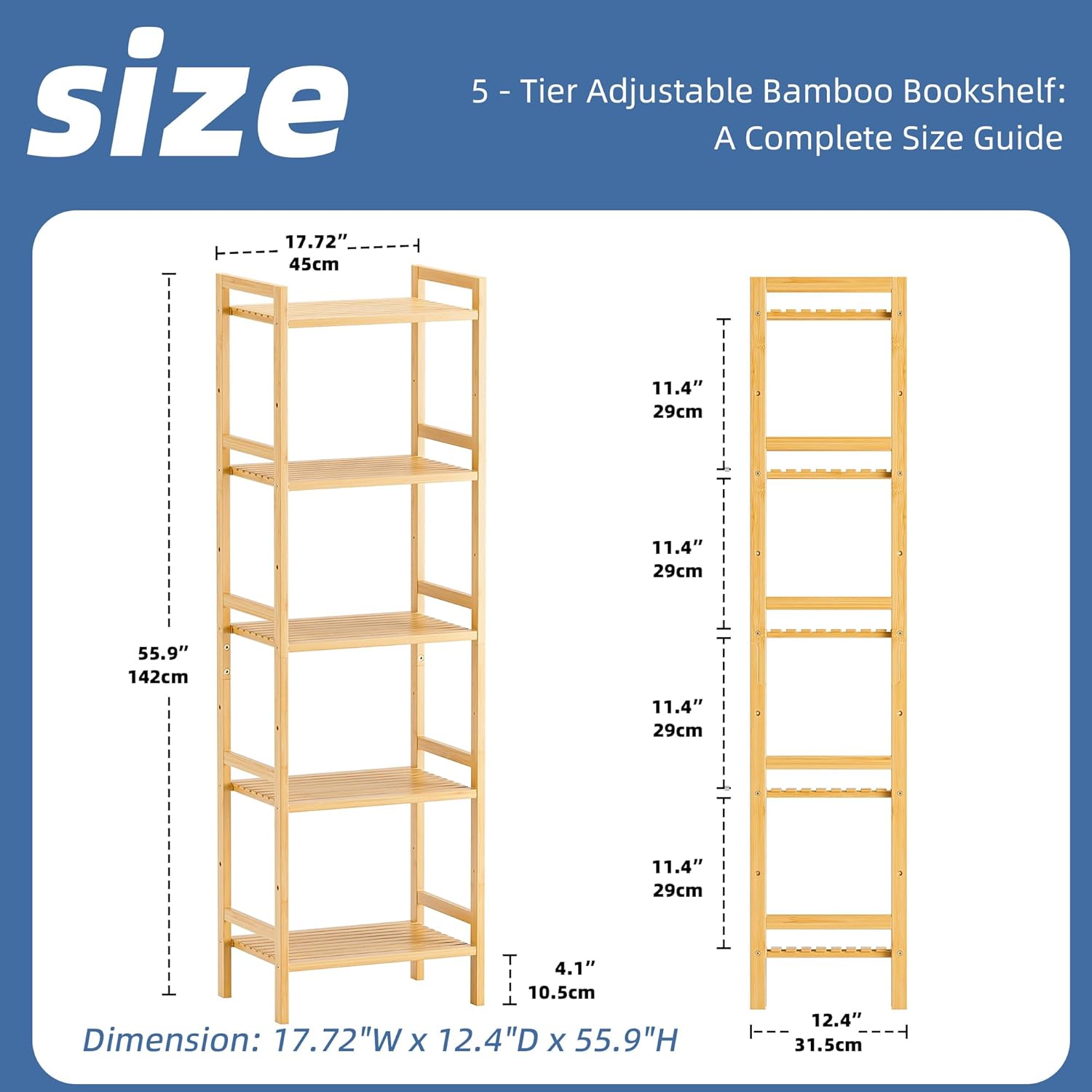 HITNET Tall Narrow Bookshelf, 5 Tier Bathroom Shelf Bamboo, Floor Standing Display Storage Organizer for Small Space, Adjustable Shelves, Natural Wood Bookcase