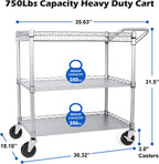 WDT Heavy Duty 3 Tier Utility Cart,Wire Rolling Carts with Wheels, Commercial Grade Service Cart with Shelving Liners and Handle Bar Metal Carts for Kitchen Office Hardware (750LBS Capacity Silver)