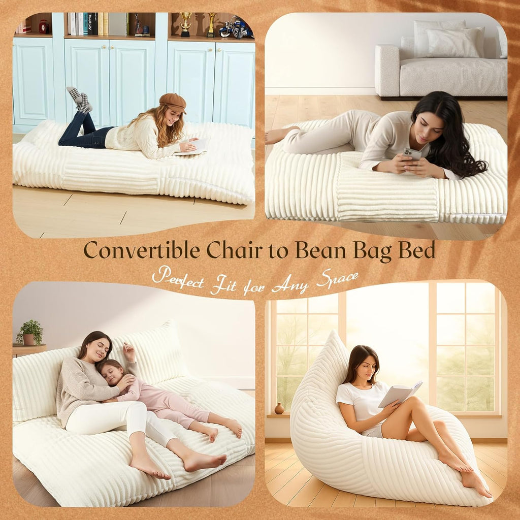 Honeydak 3 in 1 Giant Bean Bag Cover Only(No Filler) Rectangle Stuffed Animal Storage Bean Bag Chair Cover Soft Washable Large Storage Beanbag Adult Plush Toy Clothe Pillow(Creamy White,Rabbit Fur)