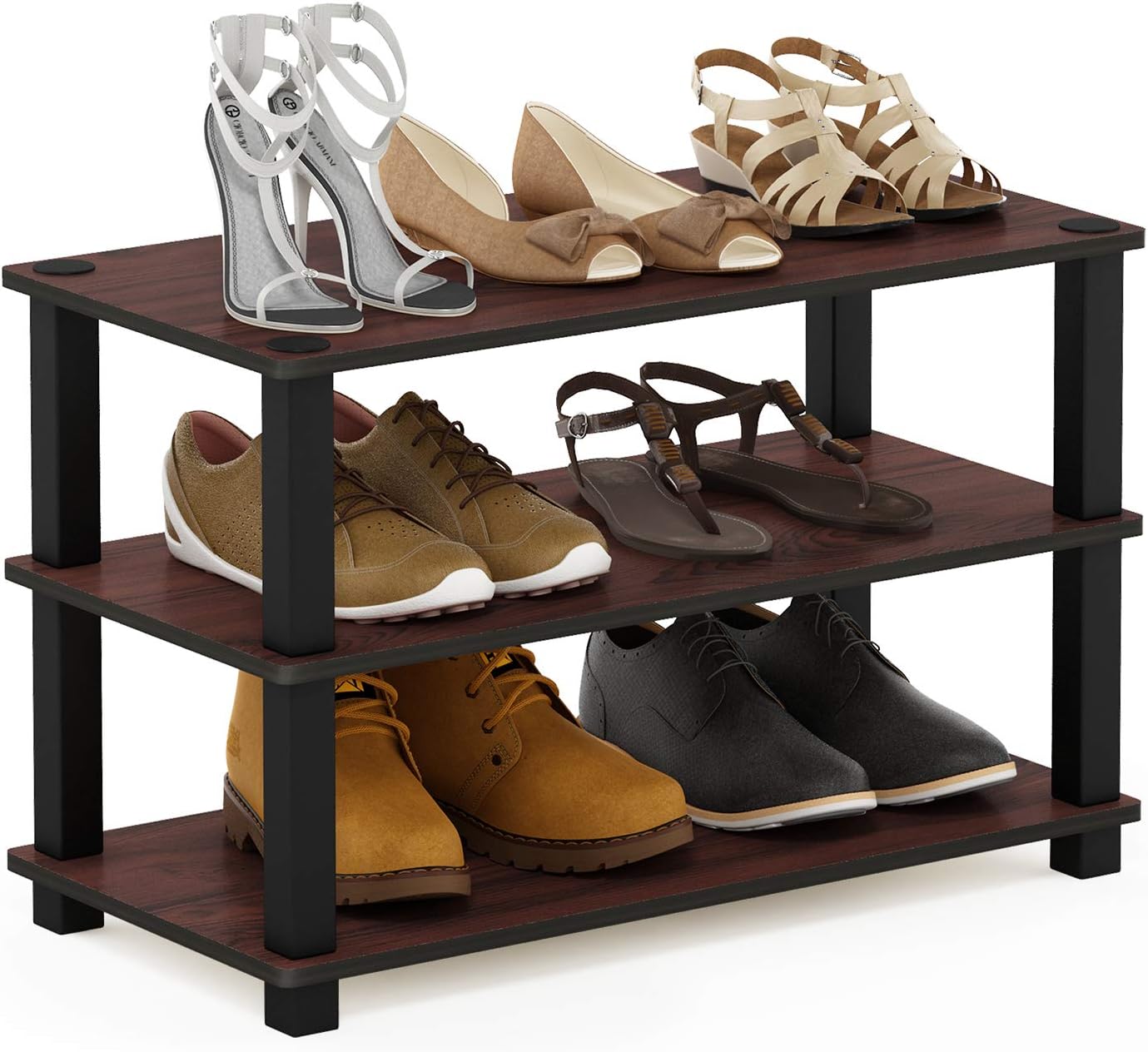 Furinno Turn-S-Tube 3-Tier Shoe Rack, Dark Cherry/Black
