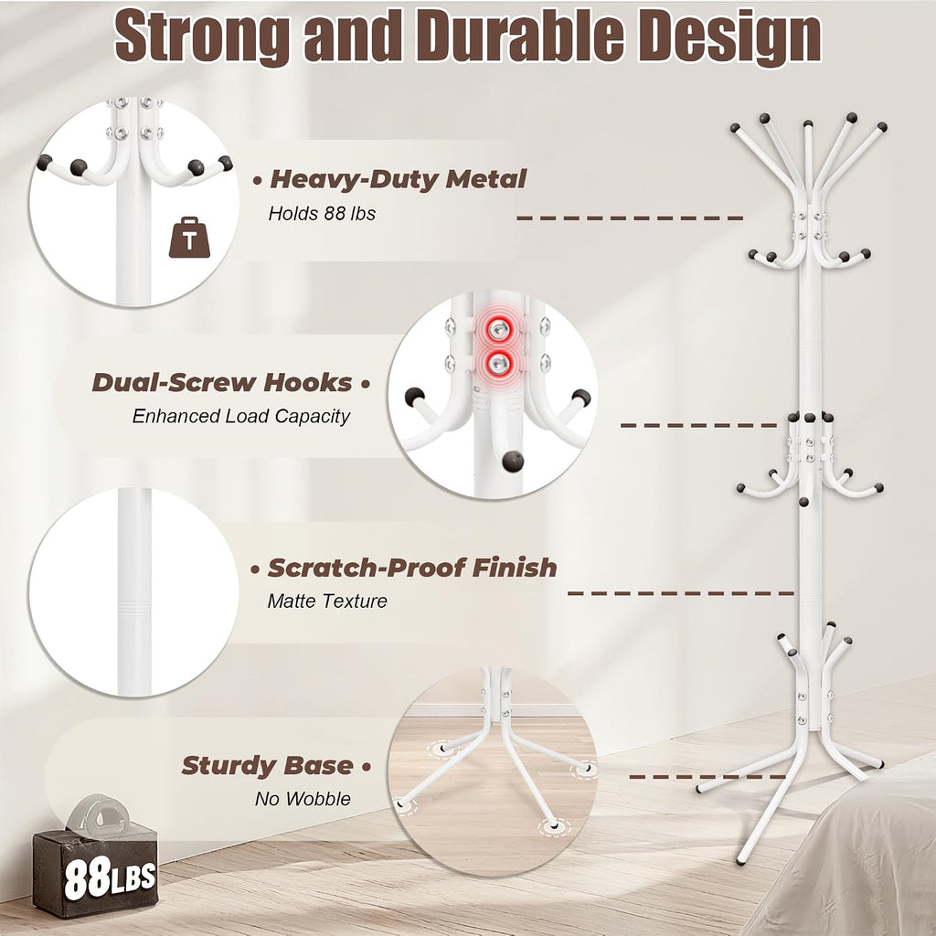 Metal Coat Rack, Freestanding Coat Tree & Hall Tree with 15 Hooks, Sturdy Coat Rack Stand and Hat Rack, Coat Hanger for Entryway, Bedroom, Office for Jackets, Hats, Bags,White