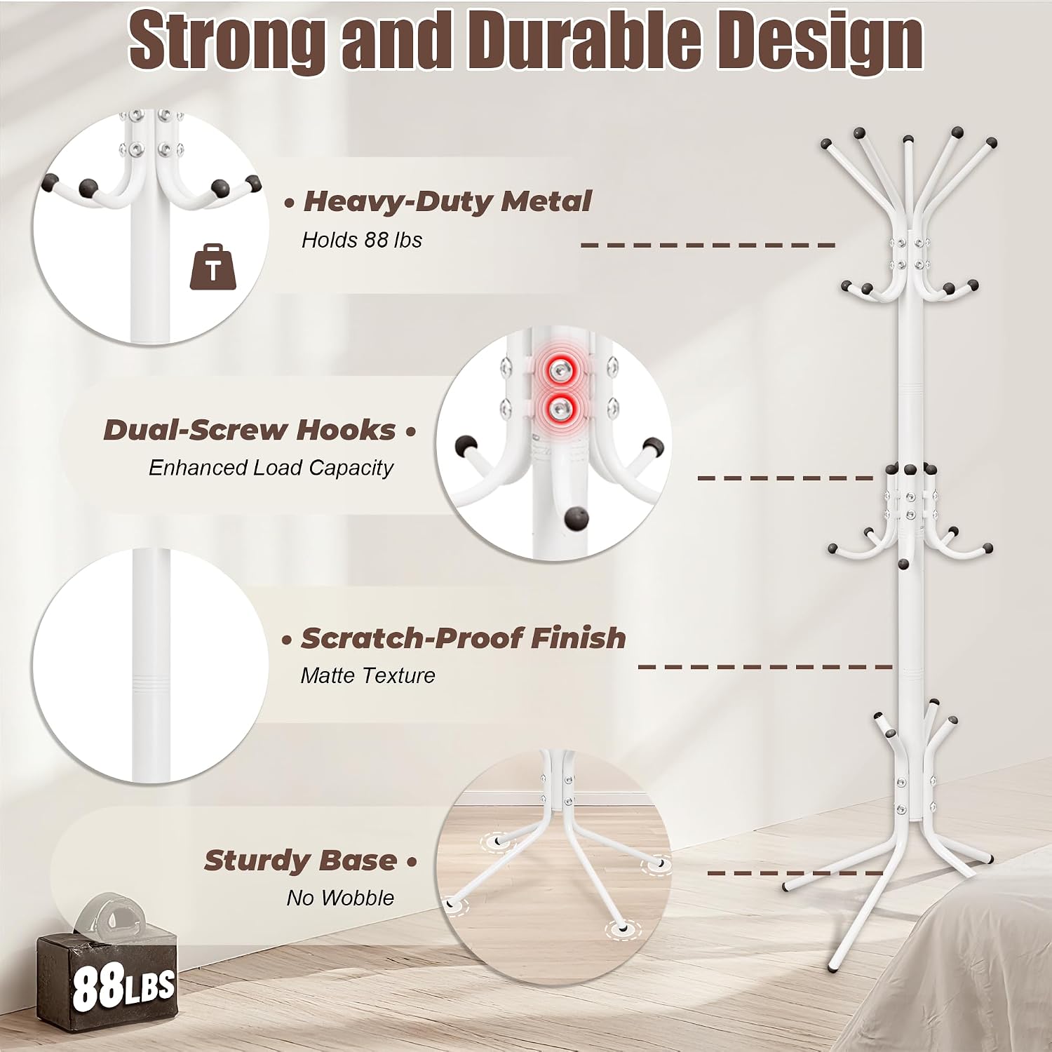 Metal Coat Rack, Freestanding Coat Tree & Hall Tree with 15 Hooks, Sturdy Coat Rack Stand and Hat Rack, Coat Hanger for Entryway, Bedroom, Office for Jackets, Hats, Bags,White