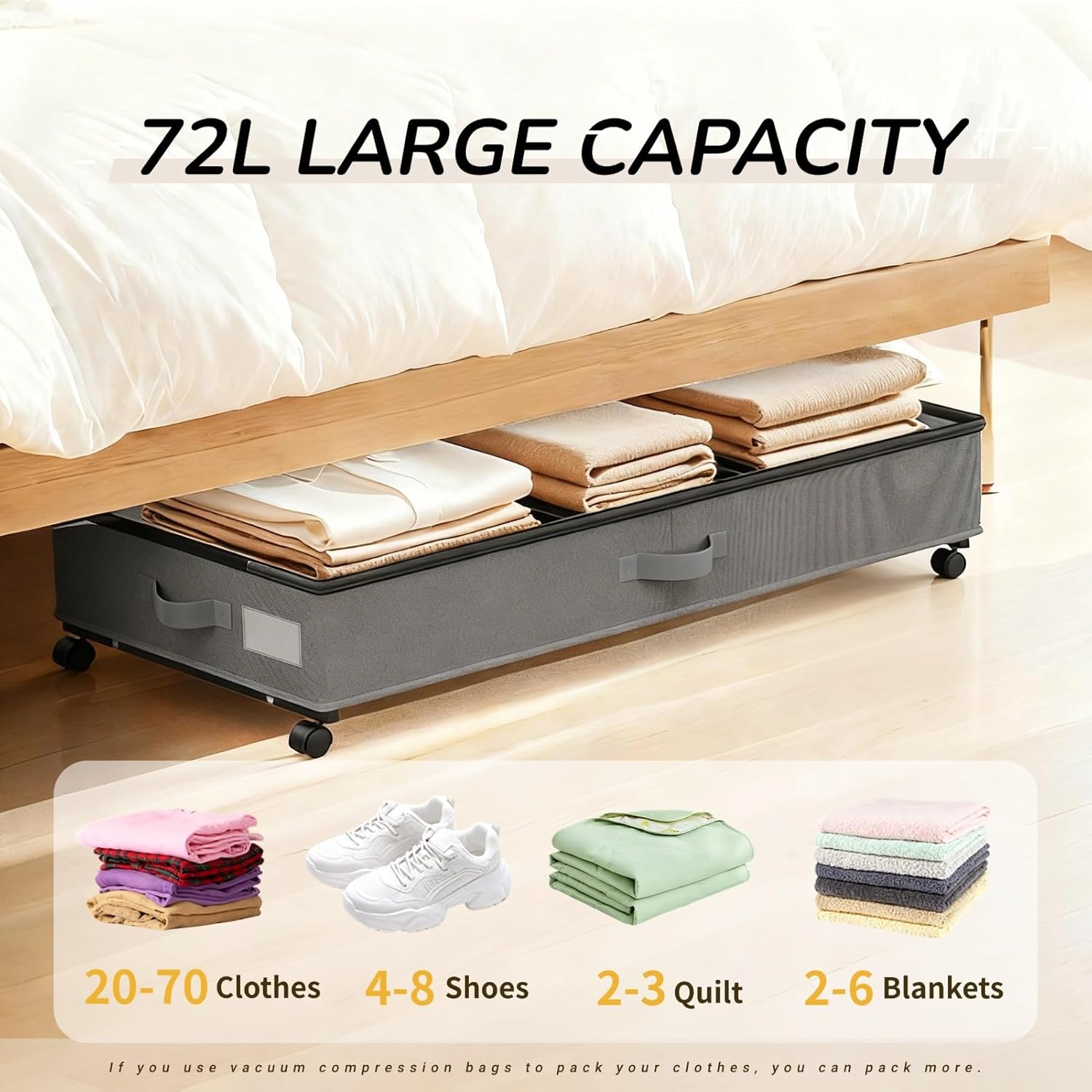 Under Bed Storage with Wheels, 72L Large Capacity Adjustable Height Underbed Storage Drawers with Lid & 360° Wheels, Rolling Storage Container for Clothes, Shoes, Blankets, Comforters