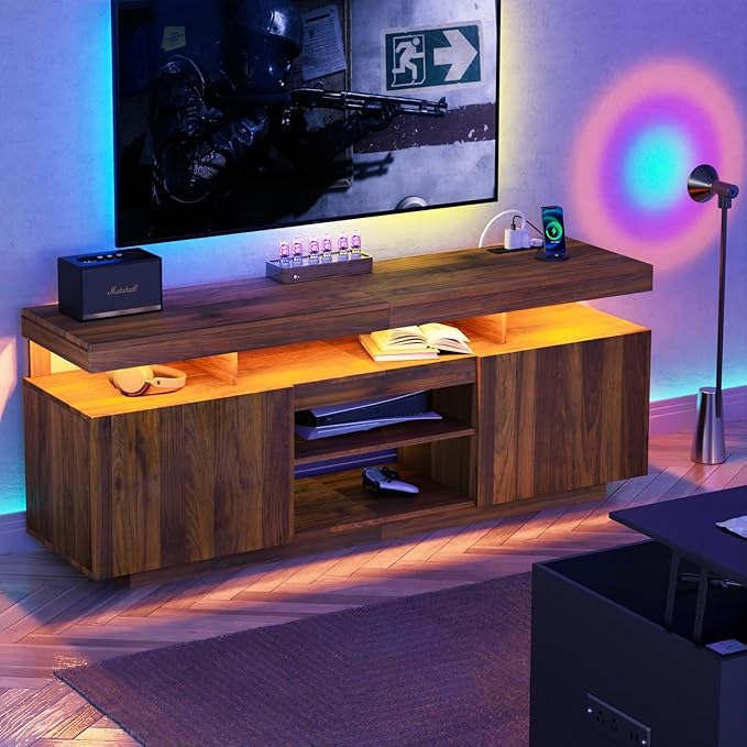 HOMMPA 70 Inch LED TV Stand with Power Outlets for 70/65/60/55 inch TV Gaming Entertainment Center with Storage Modern Industrial TV Cabinet Media Console for Living Room Bedroom Walnut