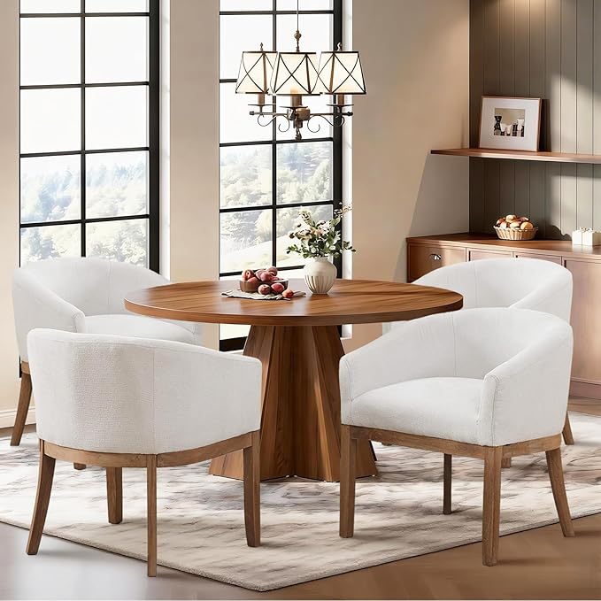 SoarFlash Mid Century Modern Upholstered Barrel Dining Chairs Set of 6, Farmhouse Linen Kitchen and Dining Room Chairs, with Natural Hardwood Frame (Beige)