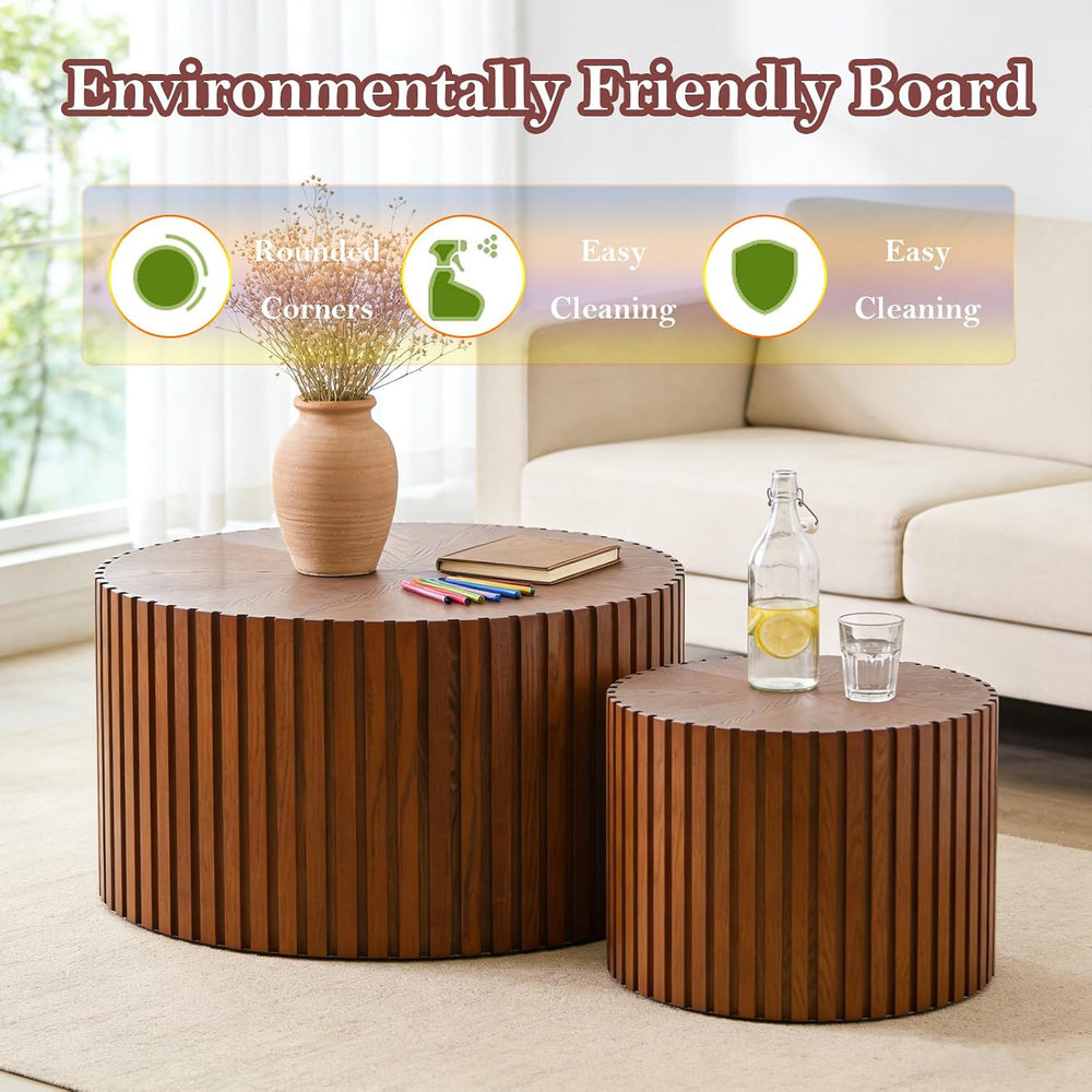 Handcraft Round Nesting Coffee Table (27.6in+19.7in) | Chic Wave Stripe Edge ...