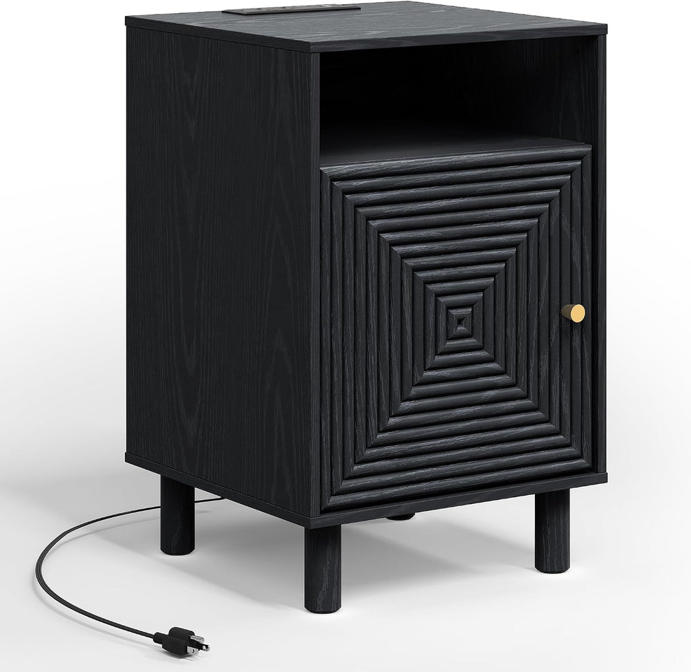 RoyalCraft Black Nightstand with Charging Station, End Table with Storage | M...
