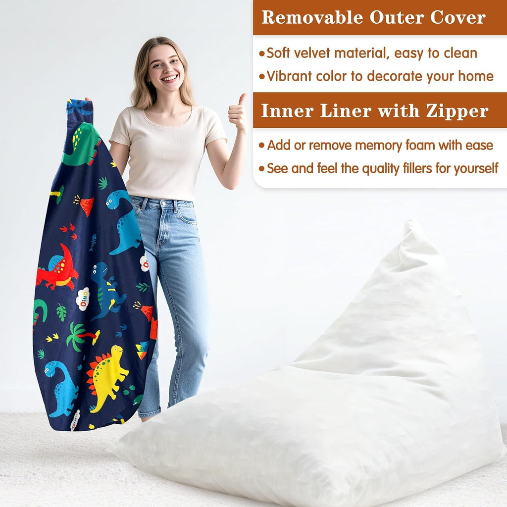 Jorbest Dinosaur Bean Bag Chair for Kids, 2.5FT Beanbag Kids Bean Bag Chairs with Memory Foam Filled and Removable Velvet Cover for Boys Girls, Soft Sofa Bean Bag Couch with Filler for Reading, Large