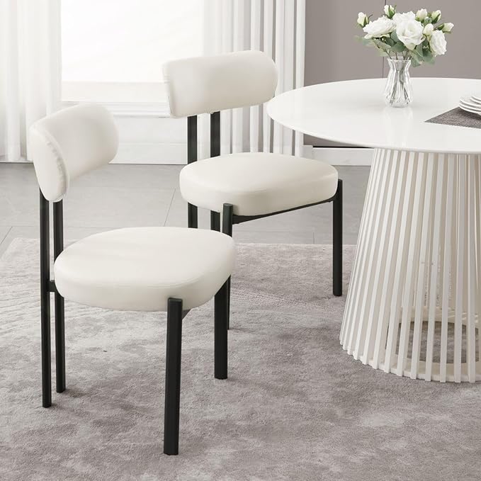 LukeAlon Faux Leather Dining Chairs Set of 4, Modern Curved Back Armless Kitchen Chairs with Black Metal Legs Upholstered Reception Guests Chair for Dining Room Chairs Restaurant Office, White
