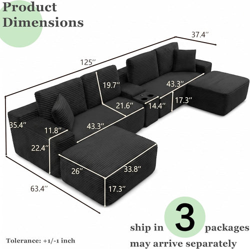 125" Oversized Sectional Couches for Living Room, Modern Boneless Cloud Couch with Ottoman,USB Port&Cup Holders, Comfy Corduroy Modular Sectional U Shape Sofa Couch for Apartment,Black Couch in a Box