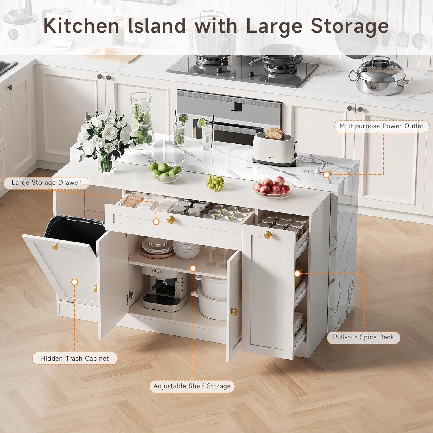 ONBRILL 63" Kitchen Island with Storage, Island Table with Power Outlet & Trash Cabinet, Kitchen Island with Marble Countertop for Kitchen, Dining Room, Living Room, White