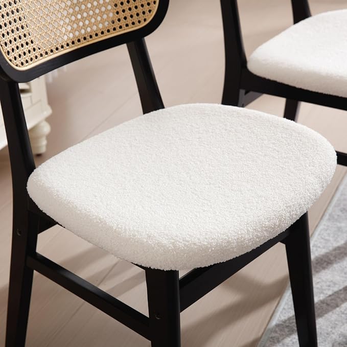 Black Rattan Dining Chairs Set of 4 Lambswool Dining Room Chairs Natural Wood...