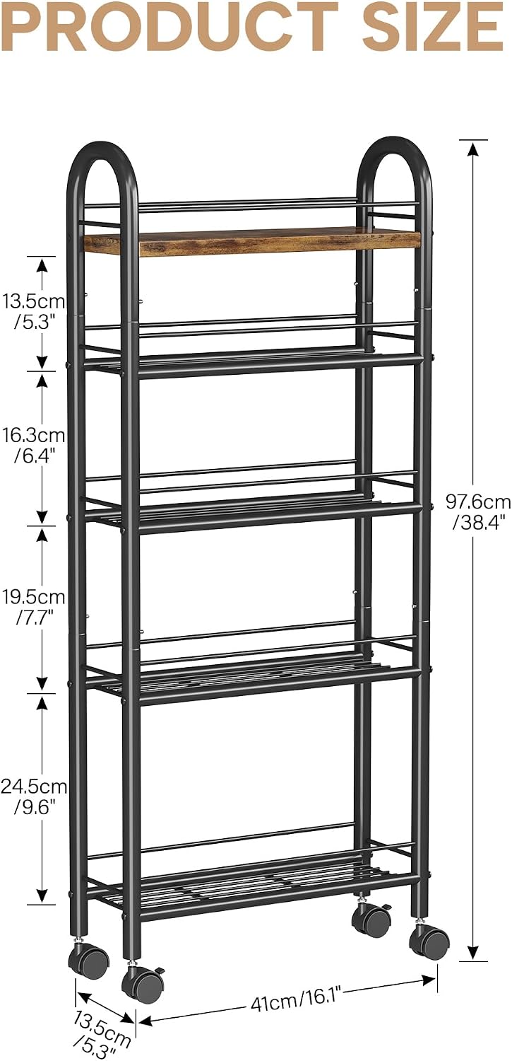 Slim Storage Cart, 5 Tier Narrow Utility Cart with Metal Frame and Wooden Top...