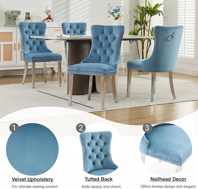 Mid Century Modern Dining Chairs Set of 2, Velvet Upholstered Kitchen & Dining Room Chairs with Nailhead Trim & Brushed Silver Metal Legs, Tufted Kitchen Chairs, Sillas De Comedor (Sky Blue, 2 Pcs)