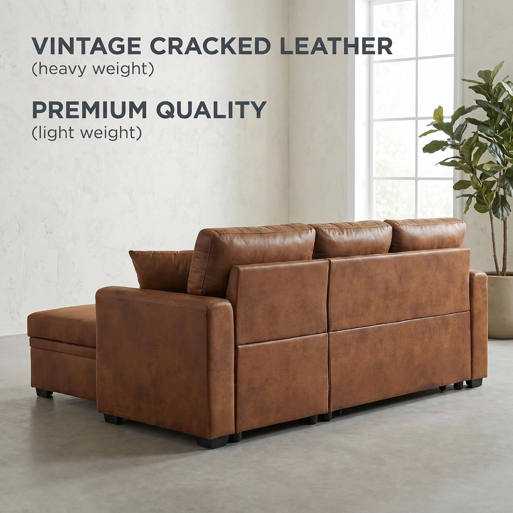 71" Brown Convertible Sofa Bed, L-Shaped Pull Out Couch with Storage Chaise | TYBOATLE, Sleeper Sofa Bed, Pull Out Couch Bed, Reversible Storage Chaise, Linen Fabric, Living Room, Apartment, Guest Room