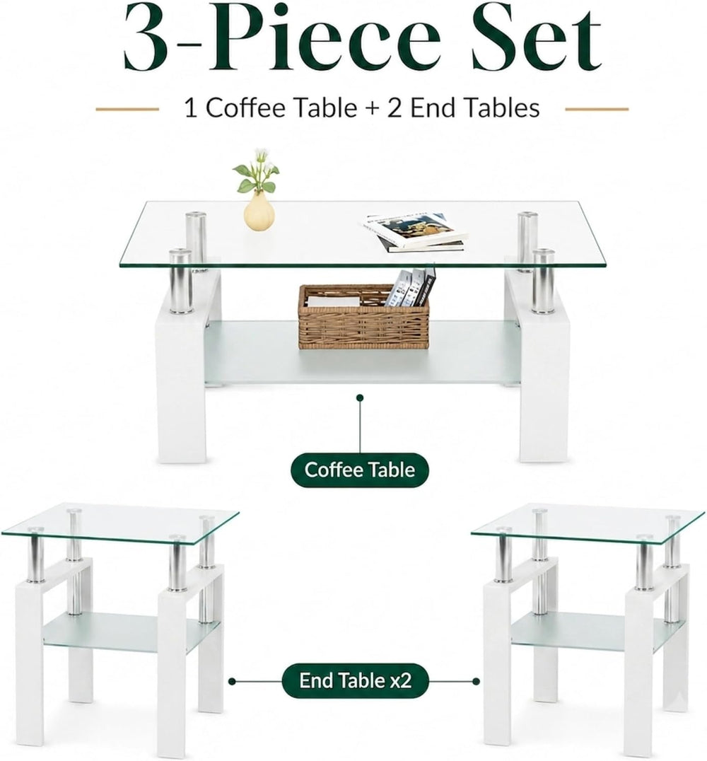 Meihua 3-Piece Glass Coffee Table Set, Center Table with 2 End Tables | Tempe...