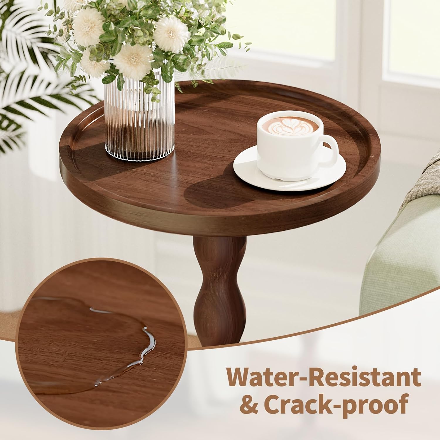 Small Round Side End Table - Solid Wood Accent Drink Table for Living Room, Modern Bedside Coffee Table Nightstand with Pedestal, Vintage Corner Couch Tables for Bedroom Small Spaces, Rustic Brown