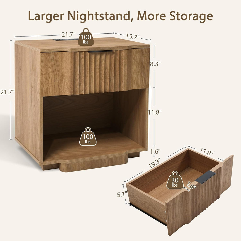 Yechen Fluted Nightstands Set of 2 with 20W Fast Charging Station - Large Wood Night Stands with Drawer & Shelf, Modern Wide Bedside End Tables for Bedroom with Curved Profile Base, Natural Oak