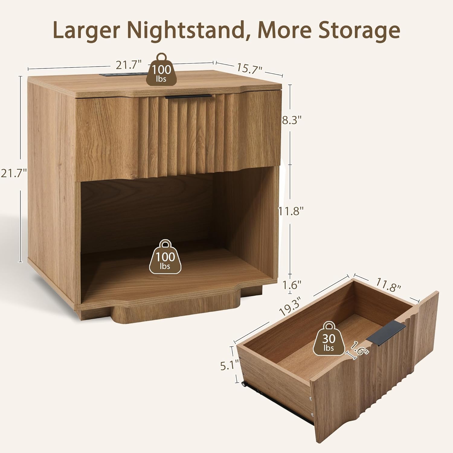 Yechen Fluted Nightstand with 20W Fast Charging Station - Modern Farmhouse Wood Night Stand with Storage Drawer & Shelf, Large Wide Bedside End Table for Bedroom with Curved Profile Base, Natural Oak