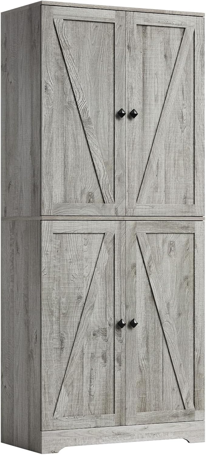 LYNSOM Farmhouse Storage Cabinet with 4 Barn Doors and Adjustable Shelves, Gr...