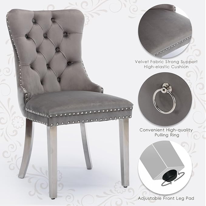 Velvet Upholstered Dining Chairs Set of 2, Modern Style Kitchen Side Chairs w...