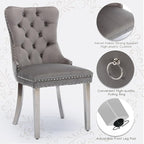 Velvet Upholstered Dining Chairs Set of 2, Modern Style Kitchen Side Chairs with Nailhead Trim and Silver Plated Leg, Metal Pulling Ring for Dining Room Living Room(Gery-Silver Plated Leg)