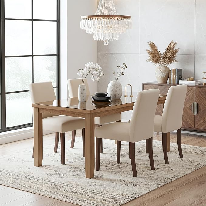 Dining Chairs Set of 4, Modern Dining Room Chairs with Wooden Legs, Upholstered Kitchen Farmhouse Parsons Chairs for Restaurant & Cafe- Beige
