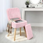 Vanity Stool Chair with Storage & Folding Back, Faux Rabbit Fur Soft Padded Seat Ottoman, 4 Solid Wood Legs Anti-Slip Feet, Small Stool for Vanity Desk for Makeuproom, Bedroom 15.7”x12.5”x28.7”（Pink）