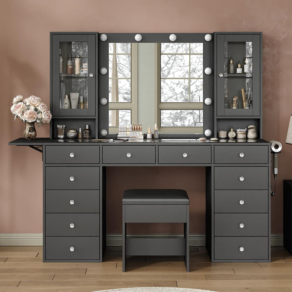 Yanosaku 55''W Makeup Vanity Desk with Mirror and Lights, 12 Drawers,...