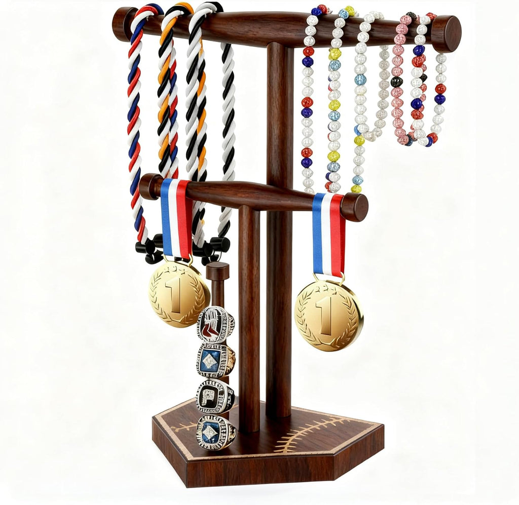 Wooden Baseball & Softball Drip Necklace Holder, Championship Ring Display Stand, Baseball Ring Holder Organizer for Players & Fans, Baseball Lifestyle Gift for Boys, Girls & Coaches