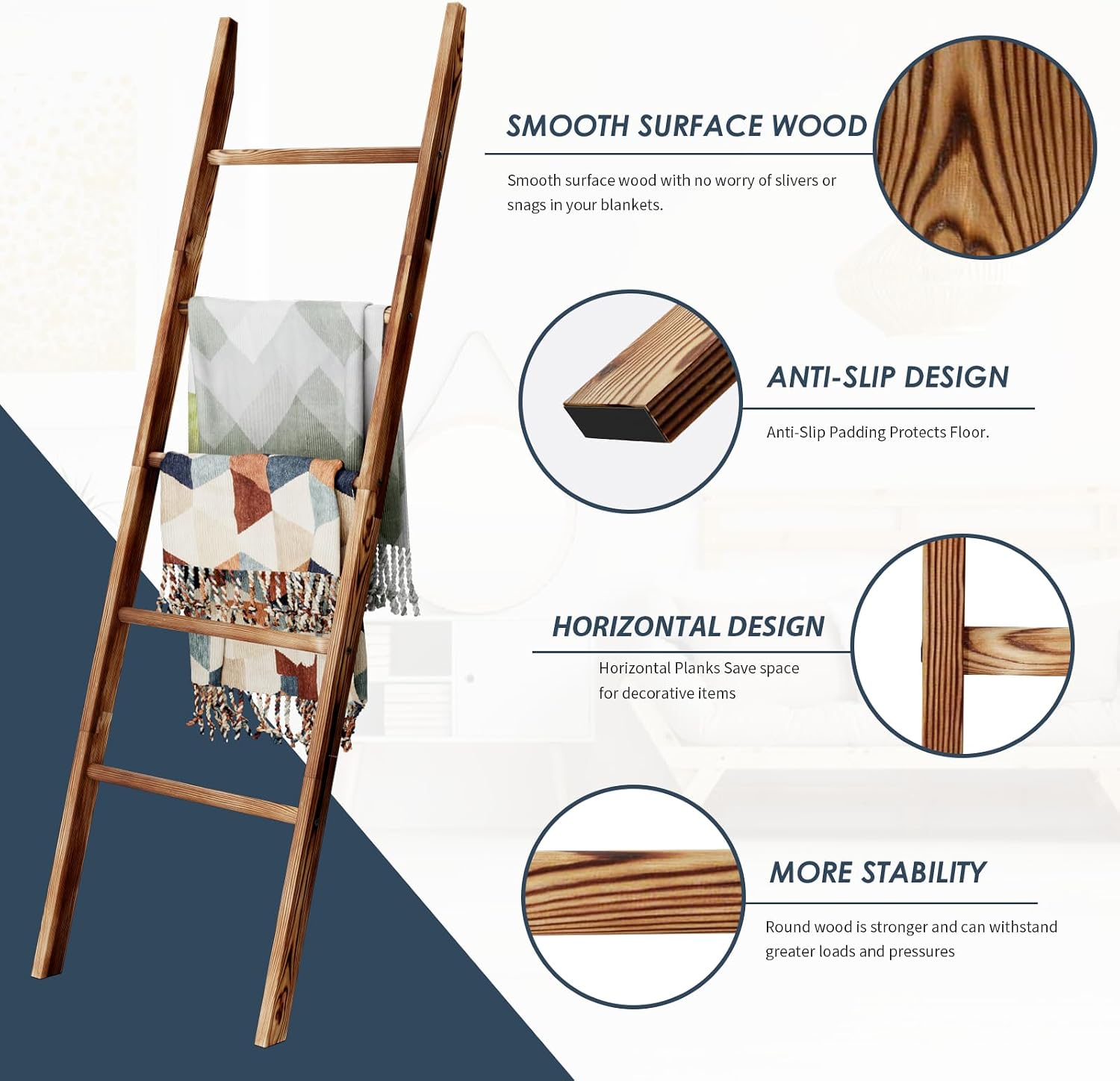 5-Tier Blanket Ladder Wooden, 5.3FT(63'') Blanket Quilt Holder Rack Decorative Ladders, Easy Assembly, Rustic Farmhouse Ladder Shelf for The Living Room Bedroom Bathroom Home Decor, Brown