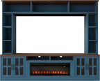 95.5" W Wall Unit Entertainment Center with Bookshelves for TVs up to 80", Modern TV Stand Media Console with Electric Fireplace Cabinets, Adjustable Shelves for Living Room (Navy Blue/F)
