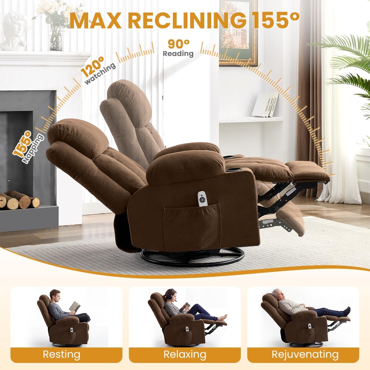 Swivel Rocker Recliner Chair with Vibration Massage & Lumbar Heating, Ergonomic Lounge Chair for Living Room, Rocking Function, Side Pocket, 2 Cup Holders, USB Charging Port