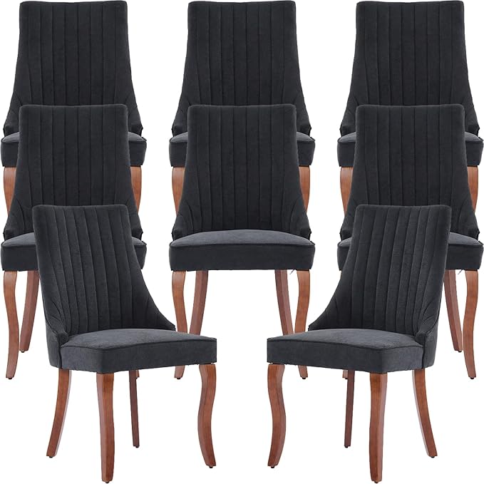 Black Mid Century Dining Chairs Set of 8, Modern Kitchen & Dining Room Chairs Set of 8, Linen Upholstered Kitchen Chairs, Sillas de Comedor, Wood Legs (Black, 8 Pcs)