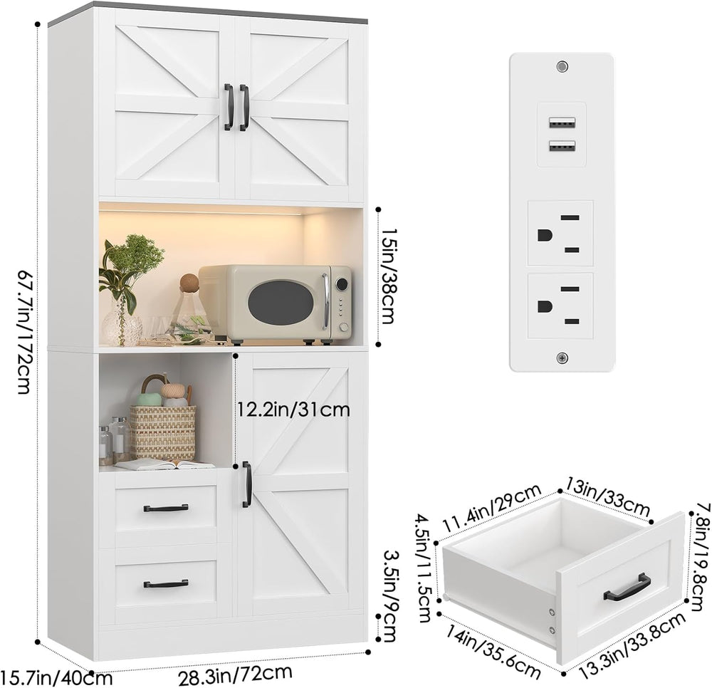 Kitchen Pantry Storage Cabinet with LED Lights and Power Strip, Tall Farmhous...