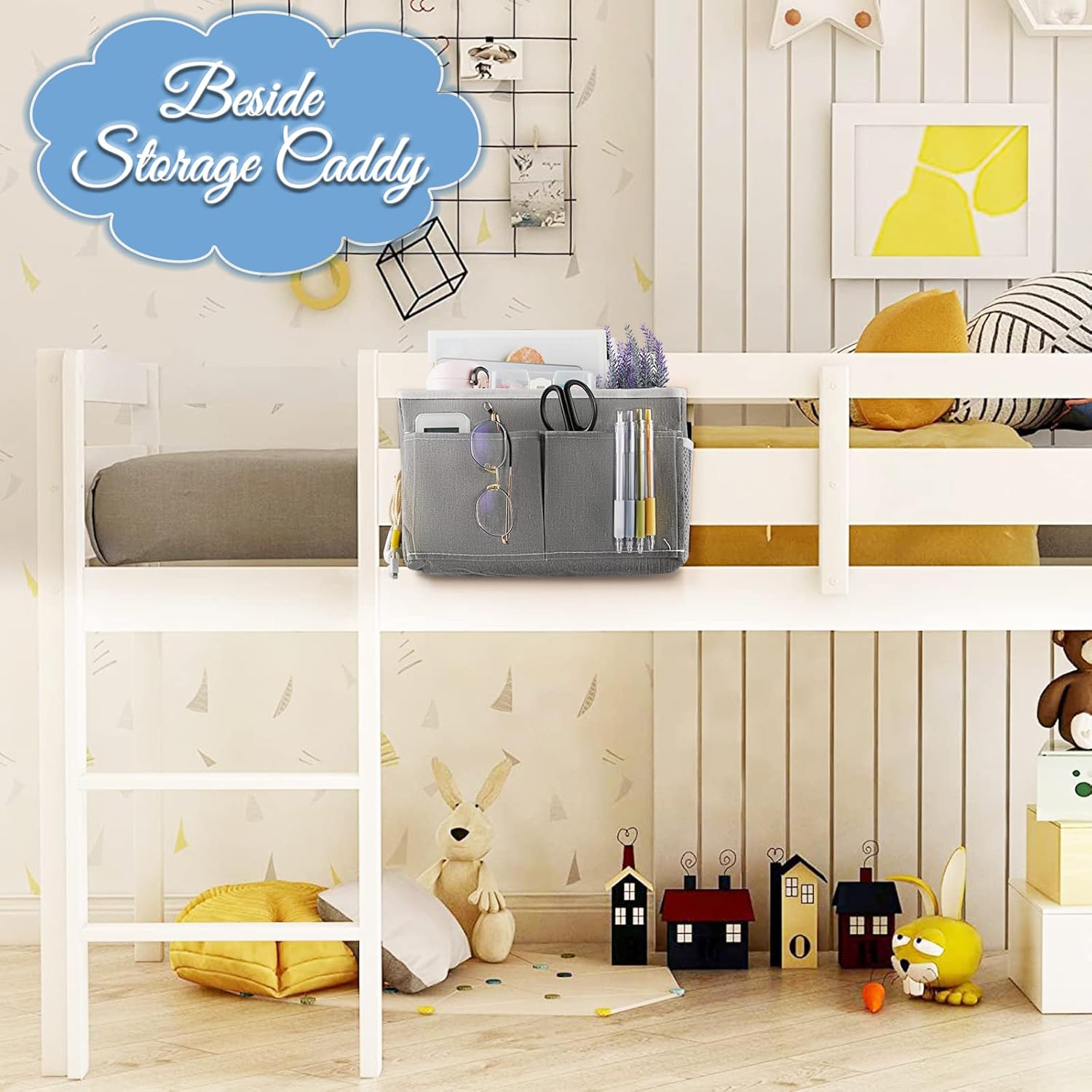 Bedside Caddy Bedside Hanging Storage Basket Bed Caddy for Headboards Bunk Dorm Rooms Crib Beds Rails Organizer (Grey)
