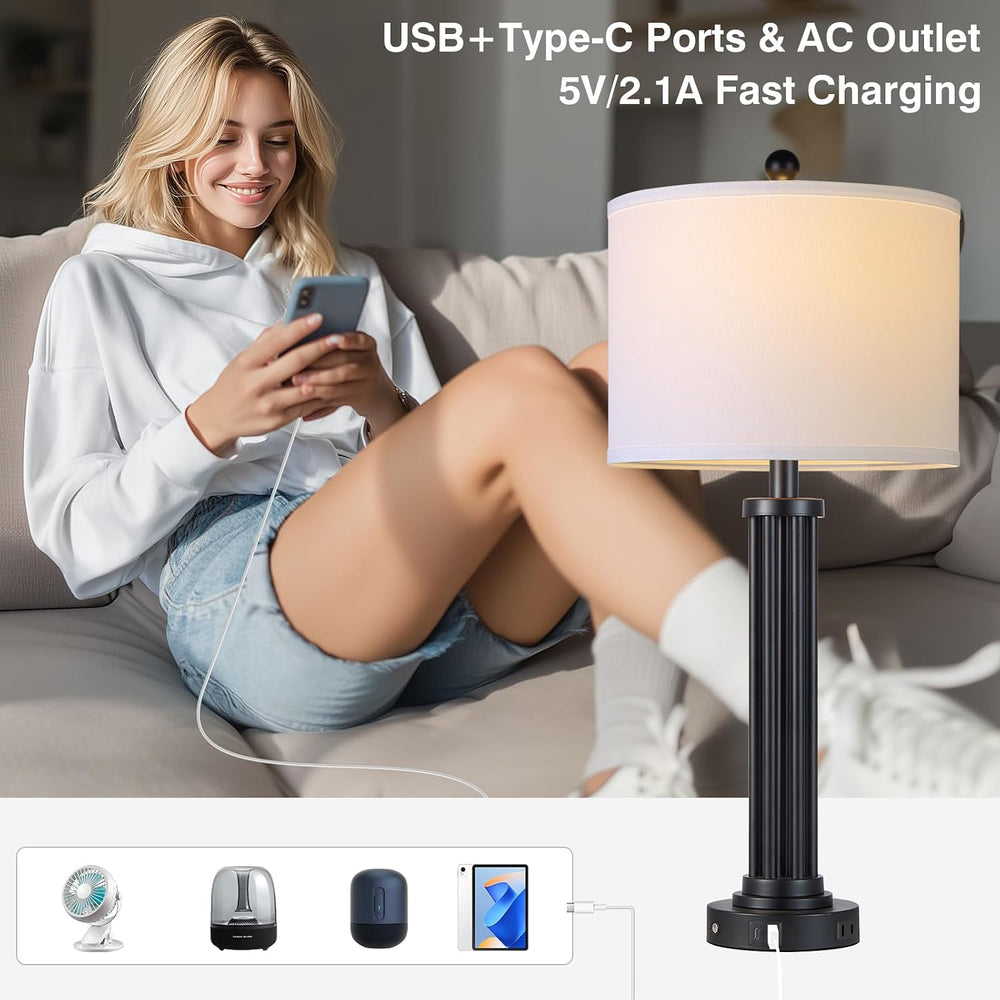 28" Tall Modern Table Lamps with USB C+A Ports and AC Outlet, 3 Way Touc...