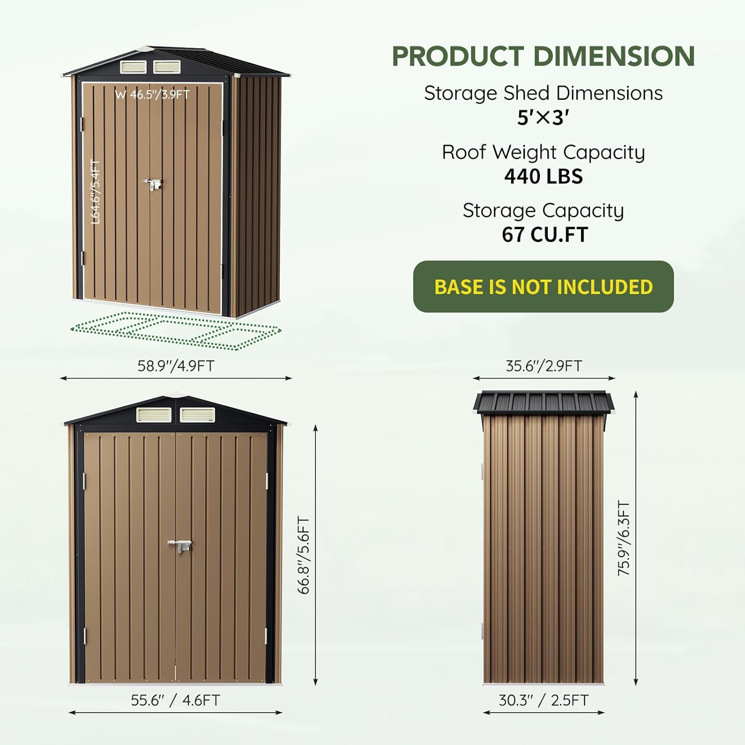 5x3 FT Outdoor Metal Storage Shed, Double Door, 1 Clear Window, Tool Shed for Garden, Patio, Backyard Brown