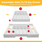 Large Premium Bamboo Silverware Organizer - Expandable Drawer Organizer & Utensil Organizer - 17"x19.7" Cutlery Tray with Dividers for Kitchen Utensils and Flatware (7-9 Slots) (White)