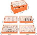 LANDICI Stackable Jewelry Organizer Trays 4 Set,PU Leather Jewelry Organizer Drawer,Jewelry Storage Display Tray for Earring Necklace Rings Bracelet with Removable Dividers,Orange