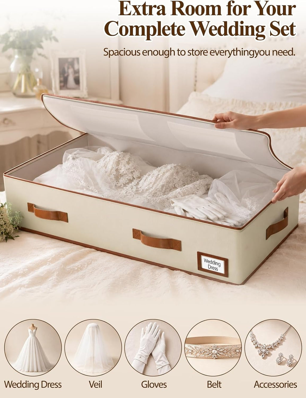 punemi 70L Under Bed Wedding Dress Preservation Box, Beige | With 30 Sheets Acid-Free Tissue Paper & Microfiber Gloves, for Wedding Dresses, Evening Gowns & Heirlooms