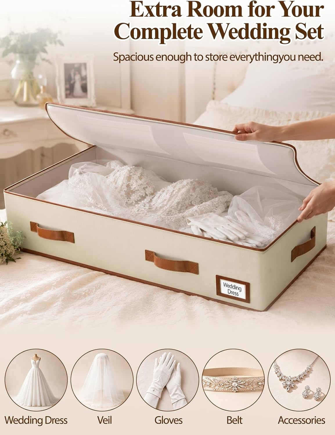 punemi 70L Under Bed Wedding Dress Preservation Box, Beige | With 30 Sheets Acid-Free Tissue Paper & Microfiber Gloves, for Wedding Dresses, Evening Gowns & Heirlooms