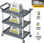 TUFFIOM 3-Tier Plastic Service Utility Cart with Wheels,Heavy Duty 390lbs Capacity,Commercial Rolling for Restaurant, Foodservice, Office, Warehouse, Gray 34.8''L x 17.4''W x 38.6''H