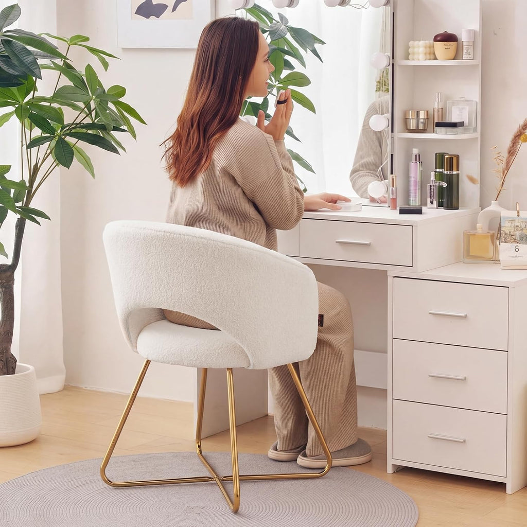 Furniliving Modern Accent Chair Velvet Comfy Lounge Chairs for Bedroom, Upholstered Barrel Vanity Chair with Back, Mid Century Makeup Chair with Gold Leg (Hollow-Backrest, White)