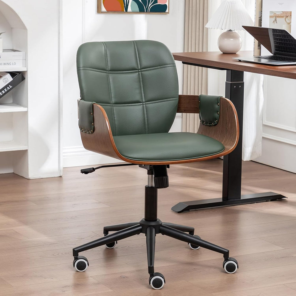 Mid Century Modern Desk Chair, Faux Leather Office Chair with Walnut Finish |...