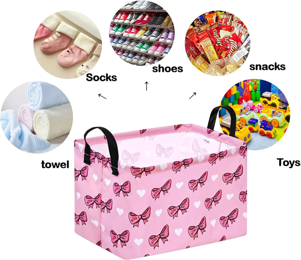 Storage Basket Home Shelf Basket Kids Organizer Box Clothes Laundry Hamper Nursery Bin Gift Laundry Basket with Handles Pink Bowknot Pattern for Home
