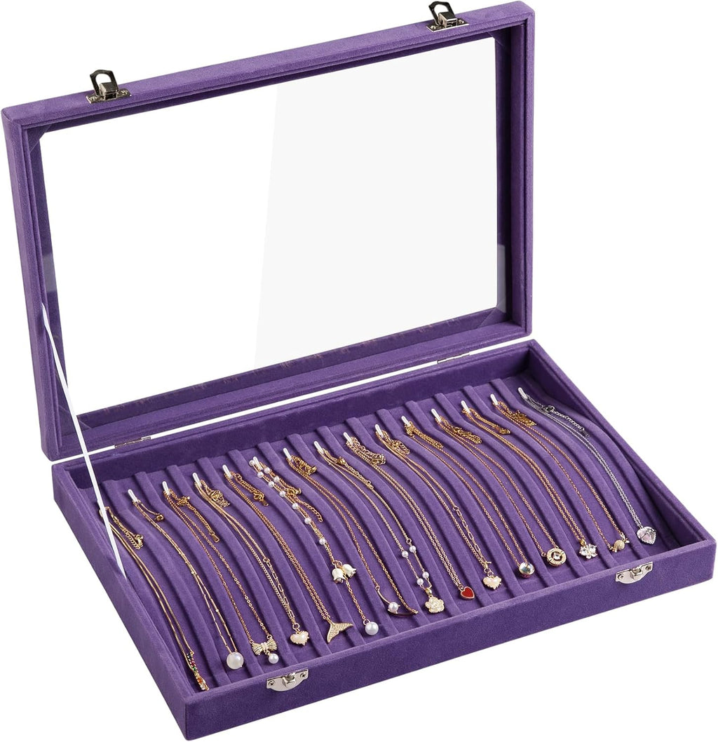 Frebeauty 15 Hooks Necklace Tray Velvet Neckalce Organizer with Clear Lid Lockable Necklace Holder Box Jewelry Organizer for Pendants Chains Necklace Jeweley Tray for Women (Purple)