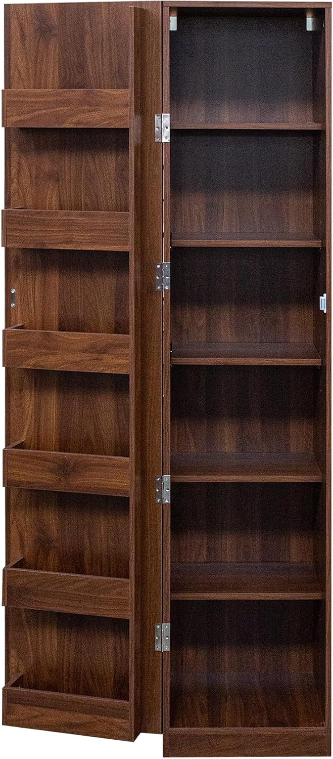 Walnut Freestanding Kitchen Pantry Cabinet with Doors & Shelves, Sideboar...